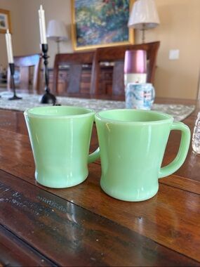 Fire King Jade Green Glass Coffee Mugs - Pair